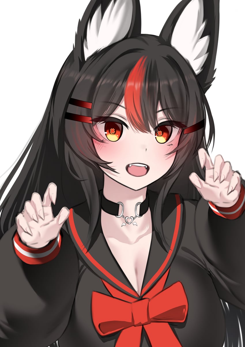 原创 1名女孩 兽耳毛 兽耳 黑色项圈 黑发