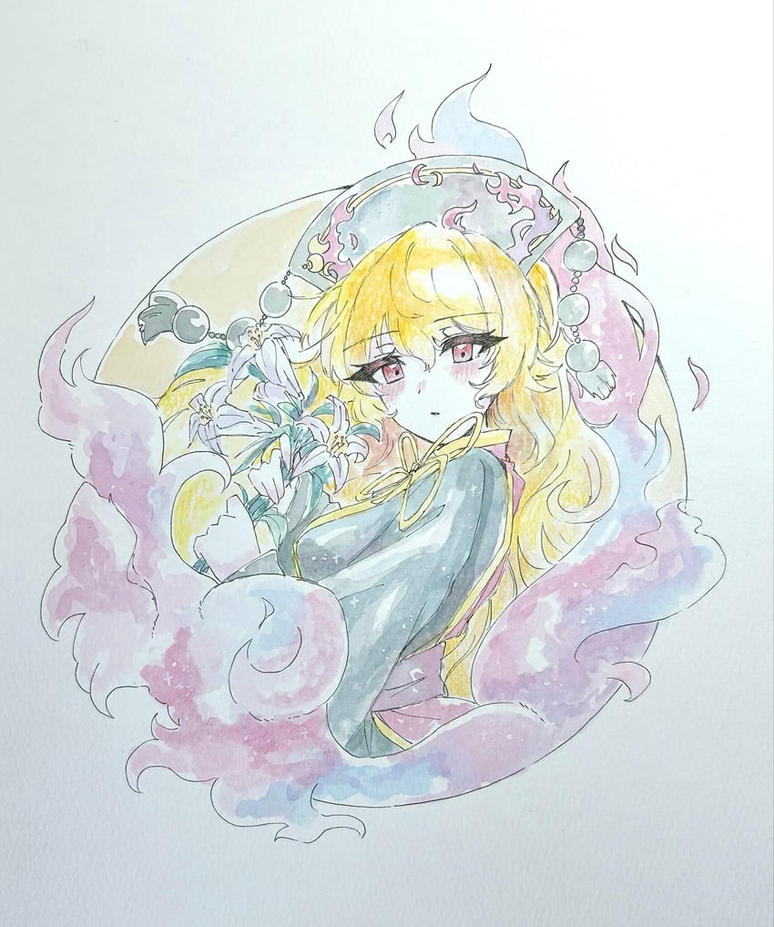 东方Project、纯狐 1名女孩 黑色连衣裙 黑帽子 金发 脸红