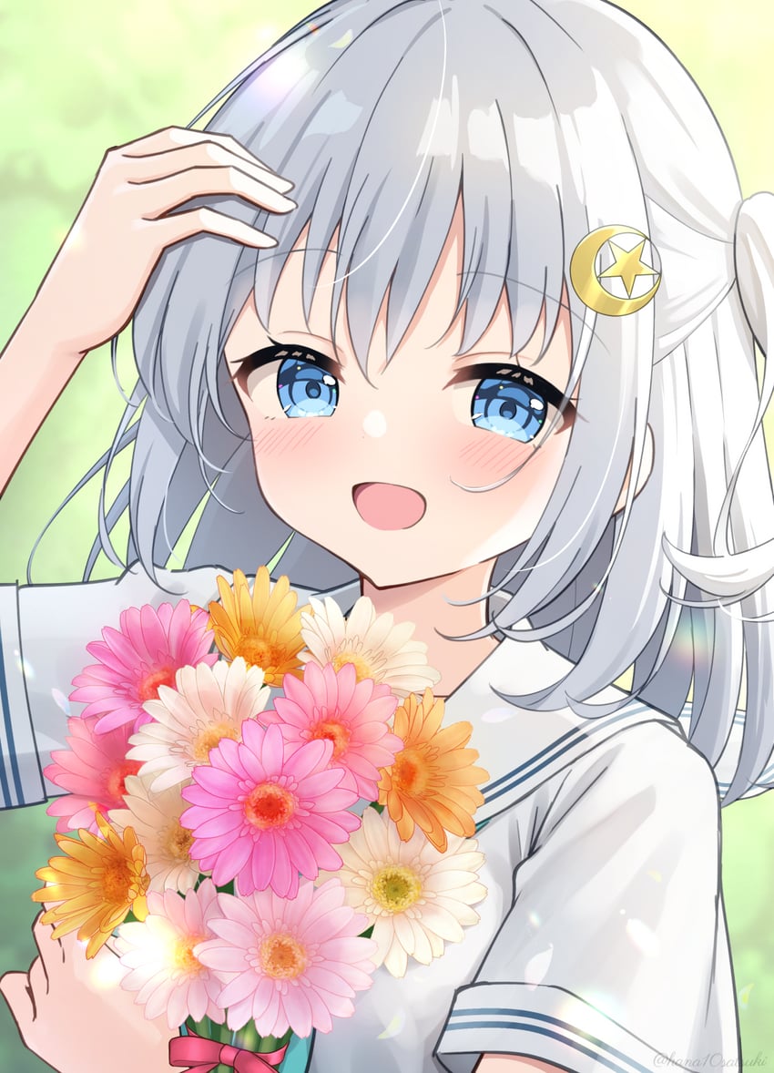 原创、皋月 (花空皋月) 1名女孩 :D 举手 蓝眼 花束