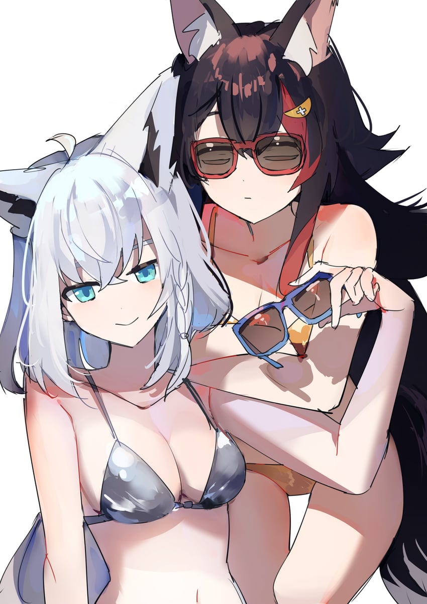 Hololive、大神澪、白上吹雪 2名女孩 呆毛 兽耳毛 兽耳 水色瞳