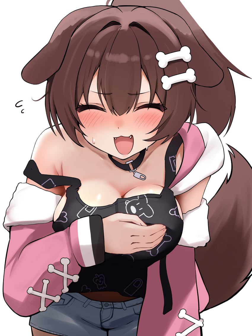 Hololive、戌神沁音、戌神沁音 (家居服) 1名女孩 :D 兽耳 动物花纹 手臂放在侧边