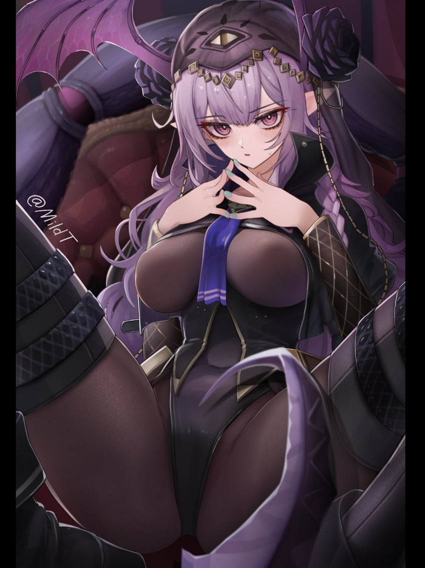 明日方舟、狮蝎 (明日方舟)、狮蝎 (无形之悼) (明日方舟) 1名女孩 全身袜 辫子 乳房 头部翅膀