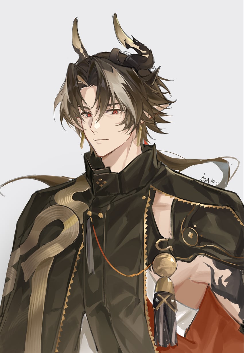 明日方舟、重岳 (明日方舟) 1名男孩 黑斗篷 棕发 披风 锁骨