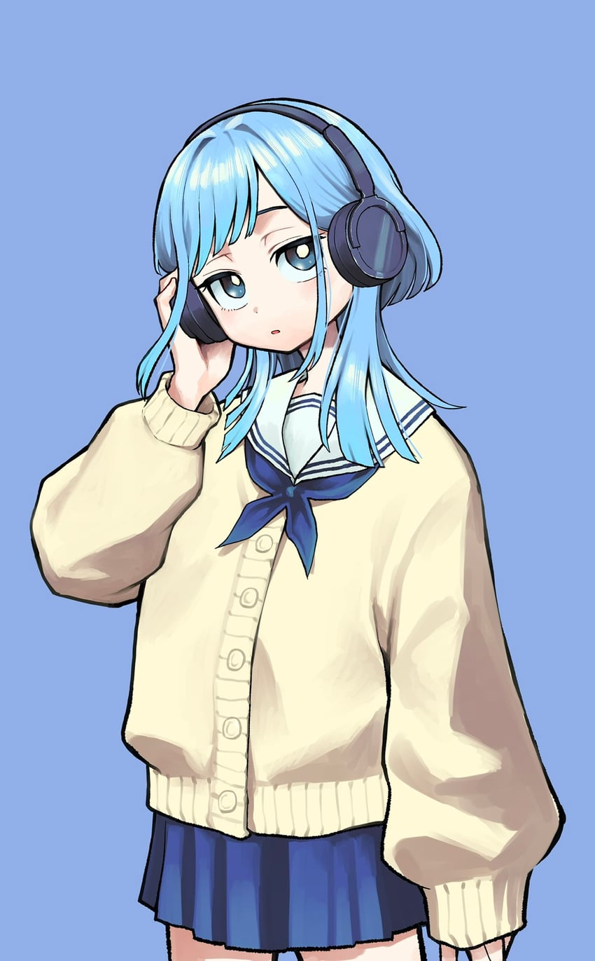 Someone Hertz、水尾水母 1名女孩 调整耳机 蓝色背景 蓝眼 蓝发