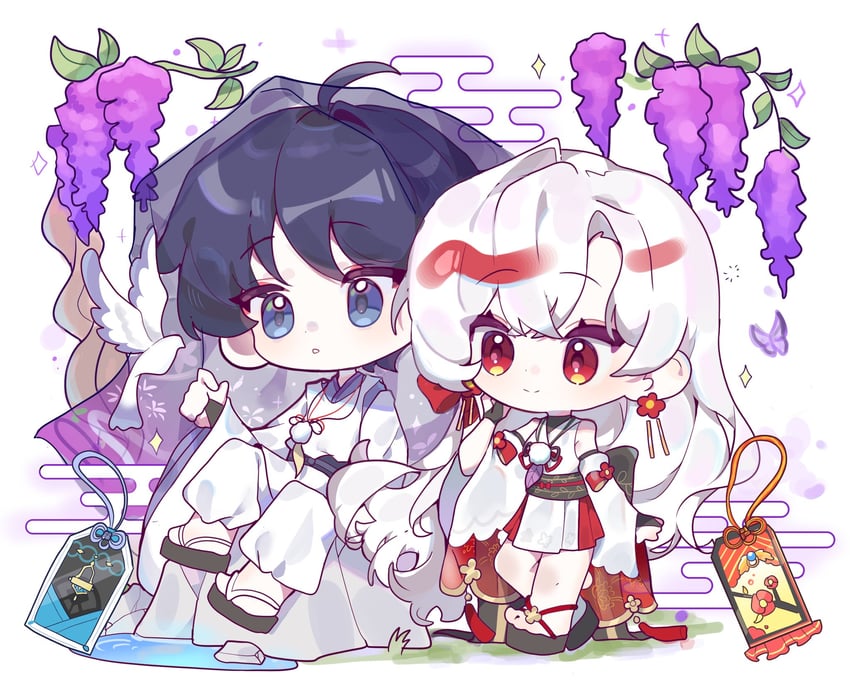 原神、原创、散兵 (原神) 1名男孩 1名女孩 呆毛 手臂放在侧边 鸟