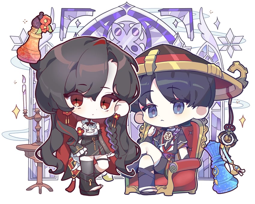 原神、原创、散兵 (原神) 1名男孩 1名女孩 手臂放在侧边 铠甲 手放在身体两侧