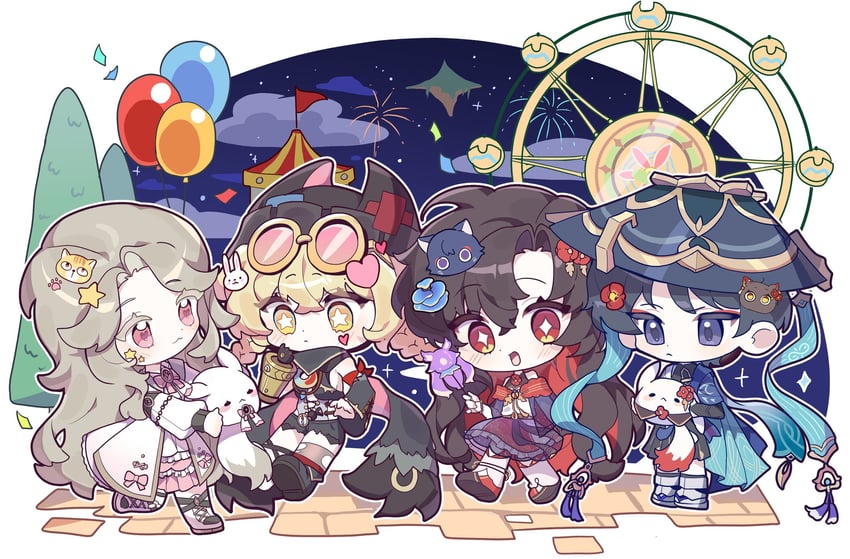 原神、原创、嘟嘟可(原神) +_+ 1名男孩 3人女子 猫脸笑 烟花