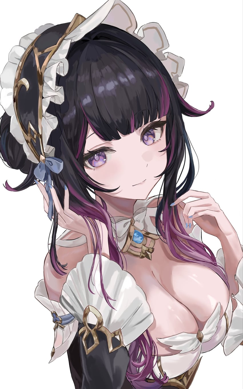 原神、哥伦比娅 (原神)、木偶 (原神) 1名女孩 异形乳量 (大) 露肩 黑发 蓝色指甲