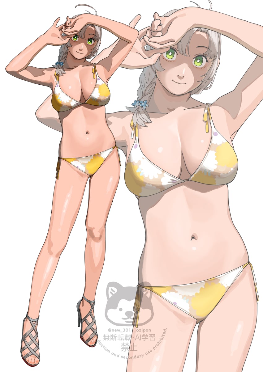 舰队Collection、衣笠 (舰娘)、衣笠改二 (舰队收藏) 1名女孩 呆毛 比基尼 辫子 乳房