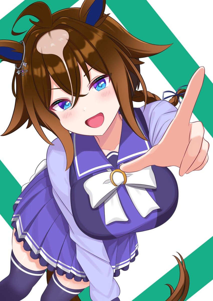 赛马娘、神威启示 (赛马娘) 兽耳 蓝眼 脸红 蝴蝶结 蝶形领结