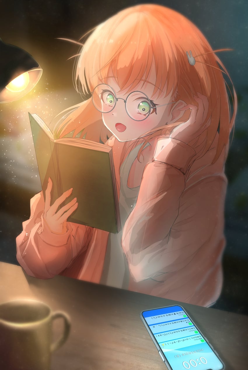 Love Live!、Love Live! 莲之空女学院学园偶像部、日野下花帆 1名女孩 蓝色衬衫 书 手机 马克杯
