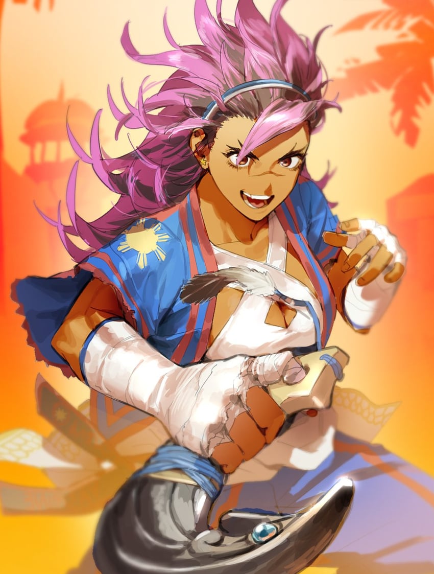 街头霸王、街头霸王6、yasmine (street fighter) 1名女孩 缠绷带的手 绷带 大蓬松发 蓝色大衣