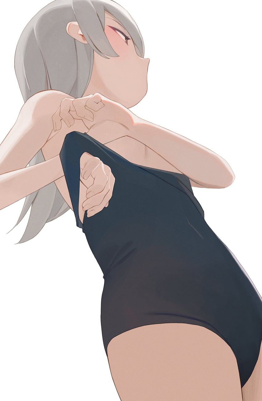 二次元插画 1名女孩 露肩 黑色连体泳衣 蓝色连体泳衣 乳房