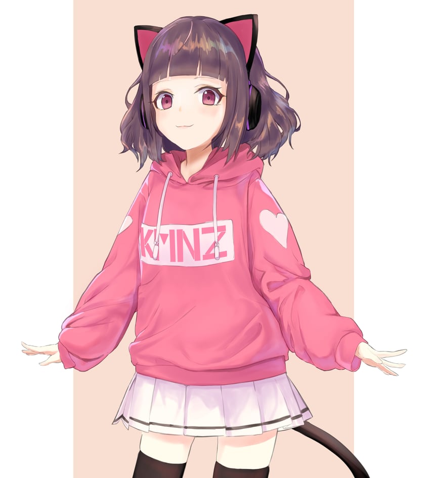 KMNZ、LIZ (KMNZ) 1名女孩 兽耳耳机 兽耳 黑色过膝袜 棕色背景