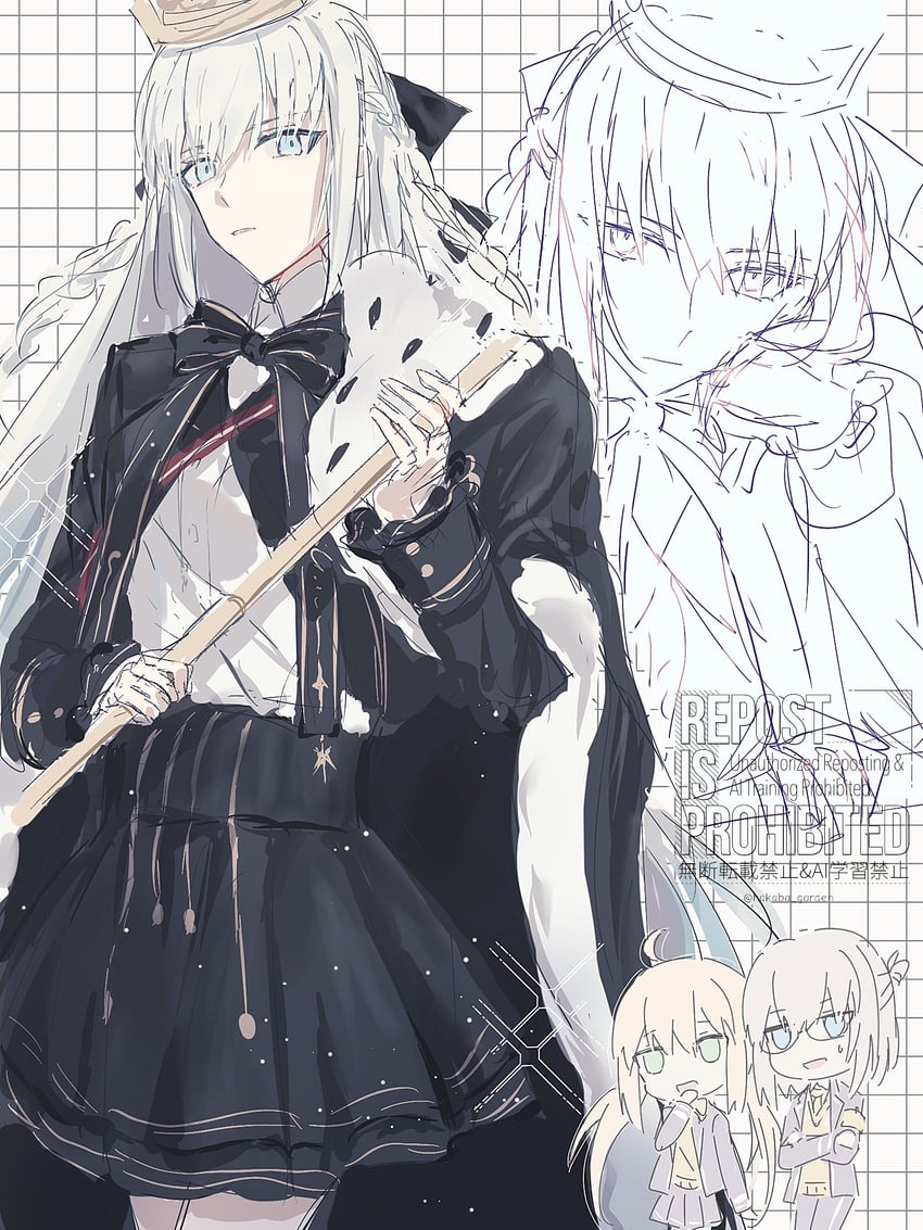 Fate/Grand Order、Fate系列、阿尔托莉雅·卡斯特 (Fate) 1名男孩 2名女孩 呆毛 黑色蝴蝶结 金发