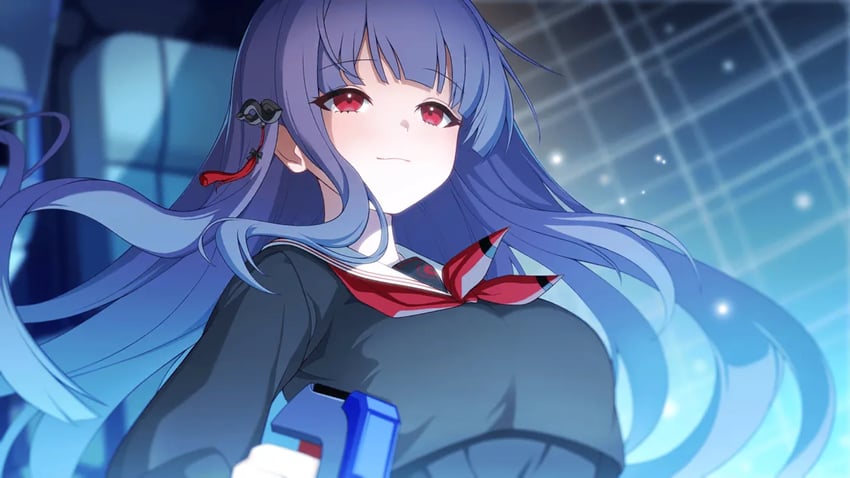 Muv-Luv、Muv-Luv Girls Garden、紫云纱夜 1名女孩 黑色水手服 黑衬衫 椅子 闭嘴