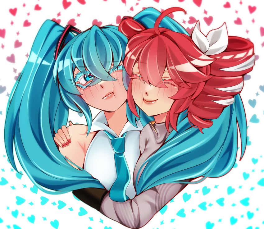 VOCALOID、初音未来、重音Teto 2名女孩 呆毛 蓝眼 蓝发 脸红