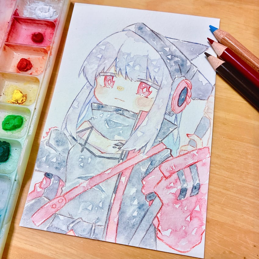 明日方舟、霜叶 (明日方舟) 1名女孩 兽耳 画面内含画具 乳房 闭嘴