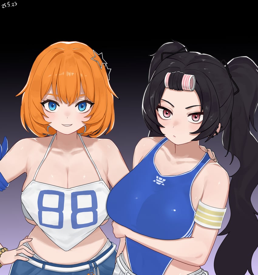 WAKTAverse、独孤慧智、secretto (waktaverse) 2名女孩 臂章 露肩 腰带 黑色背景