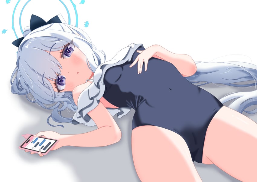 蔚蓝档案、月雪宫子 (蔚蓝档案)、都子 (泳装) (蔚蓝档案) 1名女孩 蓝色光环 蓝色连体泳衣 休闲连体泳衣 遮盖肚脐