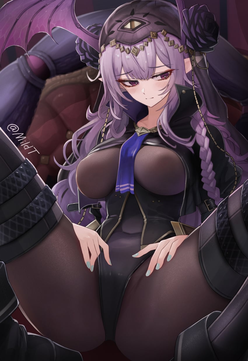 明日方舟、狮蝎 (明日方舟)、狮蝎 (无形之悼) (明日方舟) 1名女孩 全身袜 辫子 乳房 头部翅膀