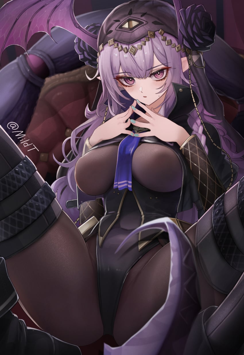 明日方舟、狮蝎 (明日方舟)、狮蝎 (无形之悼) (明日方舟) 1名女孩 全身袜 辫子 乳房 头部翅膀