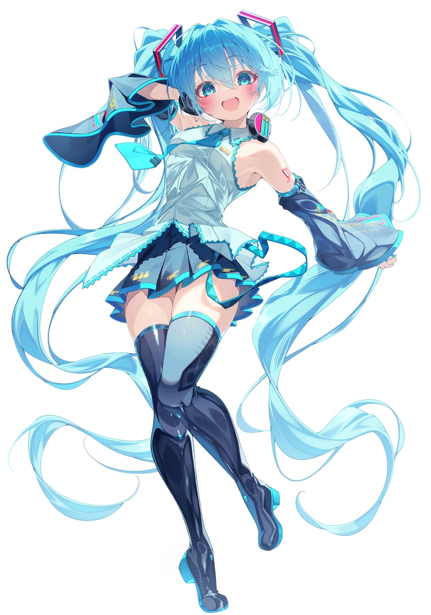 VOCALOID、初音未来 1名女孩 露肩 黑色裙子 蓝眼 蓝发