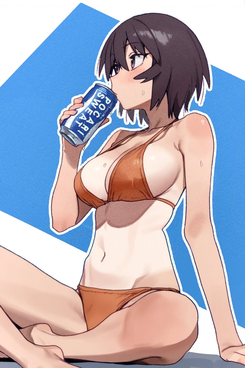 阿兹漫画大王、神乐 (阿兹漫画大王) 1名女孩 比基尼 黑发 蓝色背景 乳房