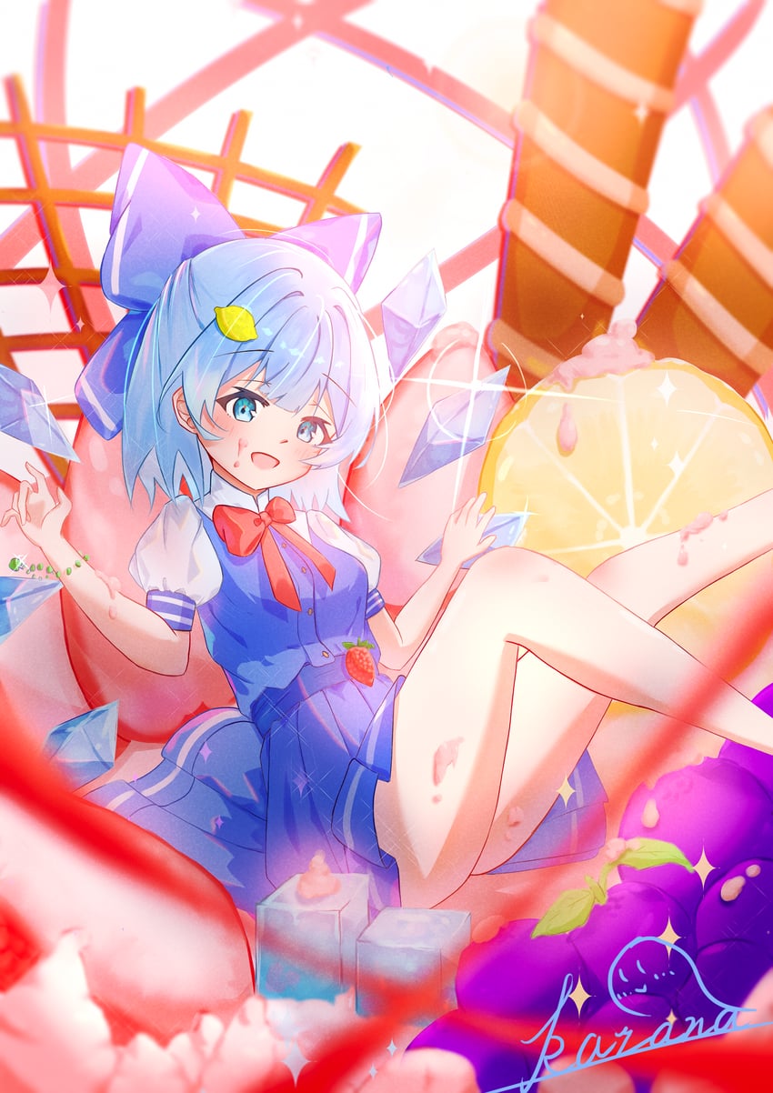 东方Project、琪露诺 1名女孩 :D 裸腿 蓝色蝴蝶结 蓝眼