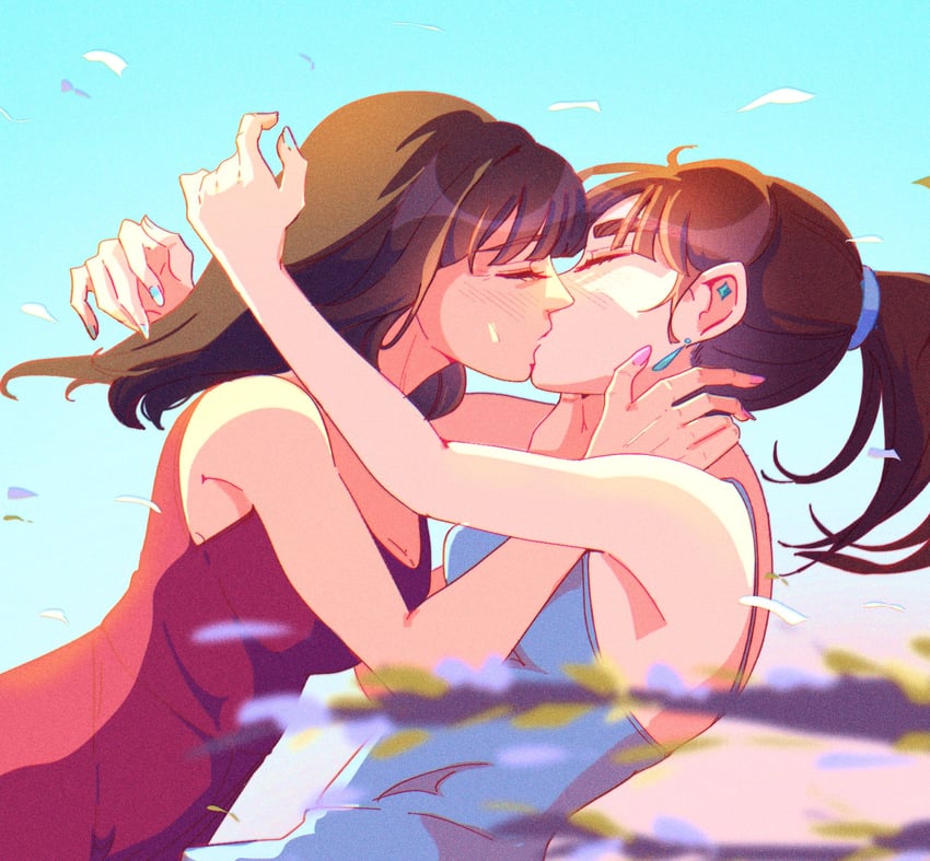 原创 2名女孩 蓝色连衣裙 蓝色指甲 蓝天 脸红