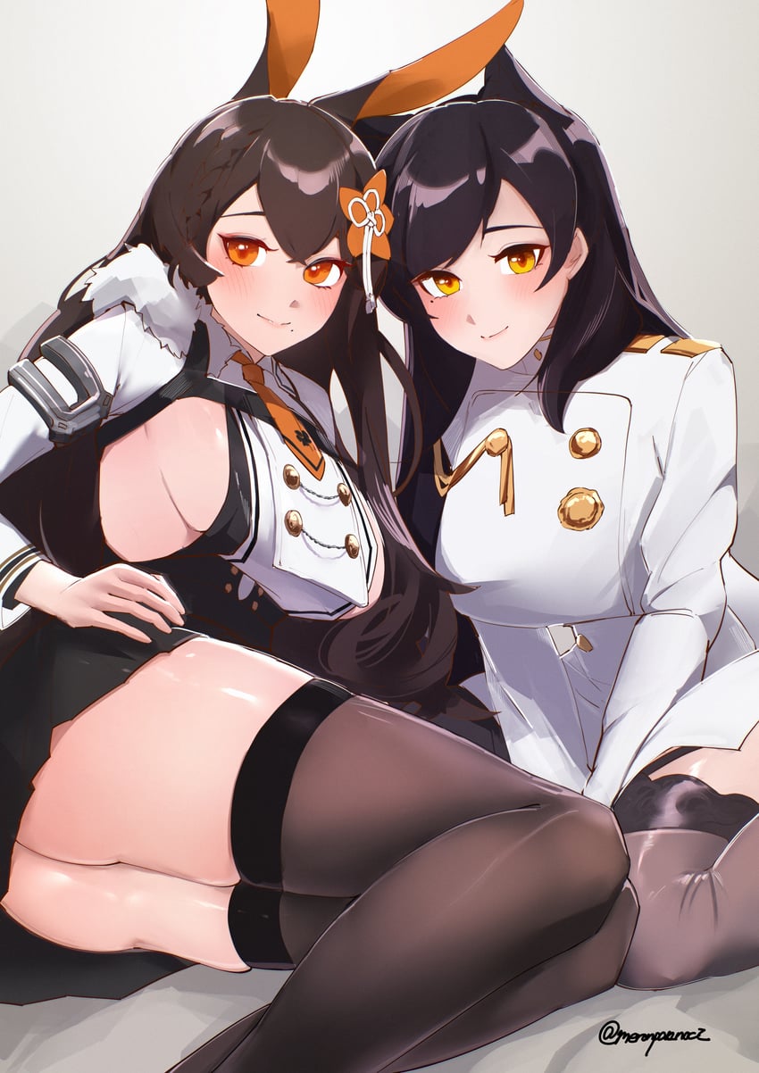 碧蓝航线、爱宕 (碧蓝航线)、筑摩 2名女孩 兽耳 屁股 黑发 黑色过膝袜