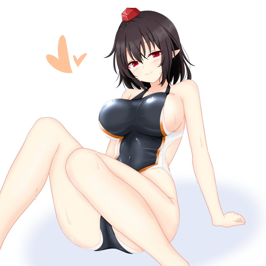 东方Project、射命丸文 1名女孩 双手背在身后 露肩 黑发 脸红