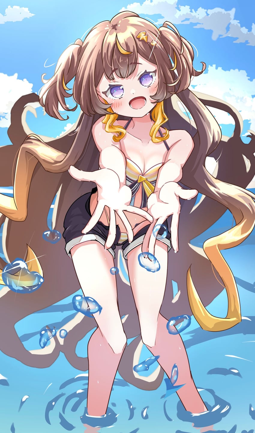 Hololive、Hololive Indonesia、阿尼娅·梅尔菲莎 1名女孩 金发 金色挑染 蓝天 齐刘海
