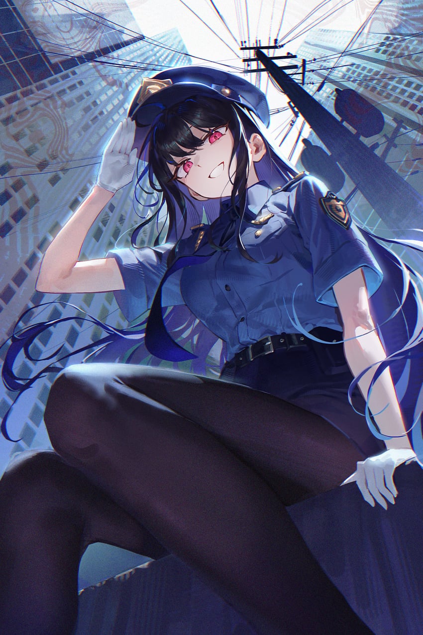 二次元插画 1名女孩 腰带 黑发 黑色连裤袜 黑色裙子