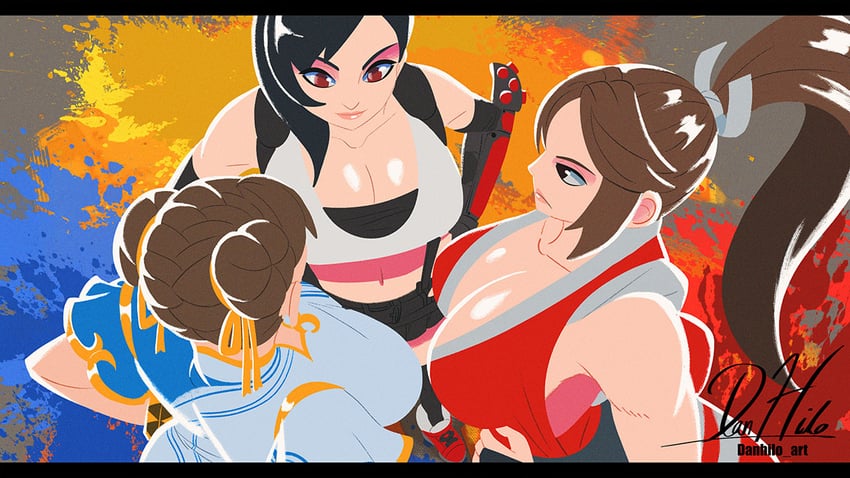 饿狼传说、最终幻想、最终幻想VII 3人女子 露肩 黑发 黑色裙子 乳房