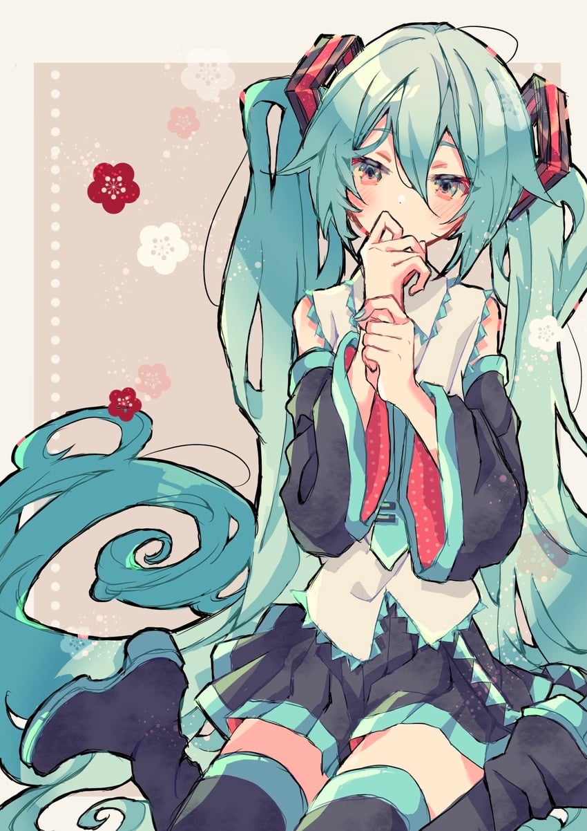 VOCALOID、初音未来 1名女孩 水色瞳 水蓝色领带 露肩 黑色靴子