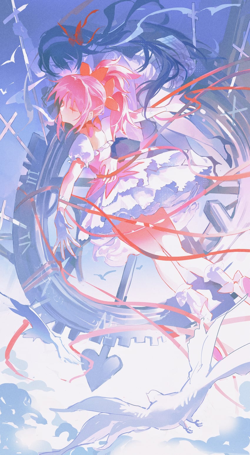 魔法少女小圆、魔法少女小圆、晓美焰 2名女孩 鸟 黑发 蝴蝶结 蝴蝶结项圈