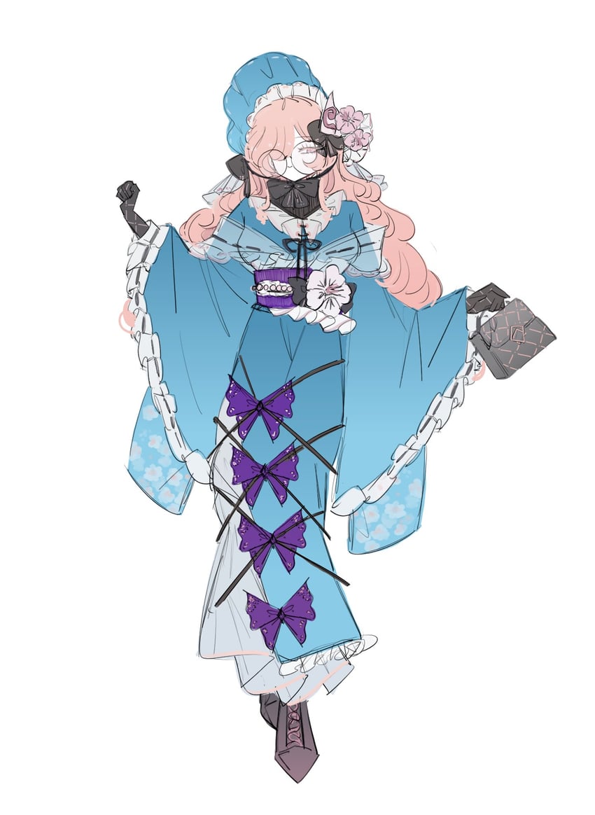 东方Project、西行寺幽幽子 1名女孩 改装服装 发型长度变动 (更长) 包 黑色靴子