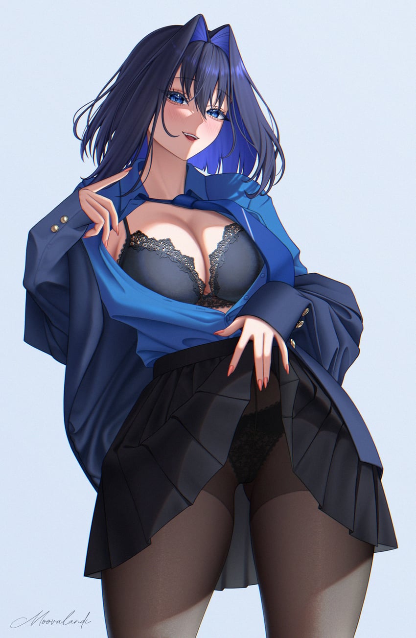 Hololive、Hololive英语、议会 (Kronii) 1名女孩 黑连裤袜 蓝眼 蓝发 蓝色领带
