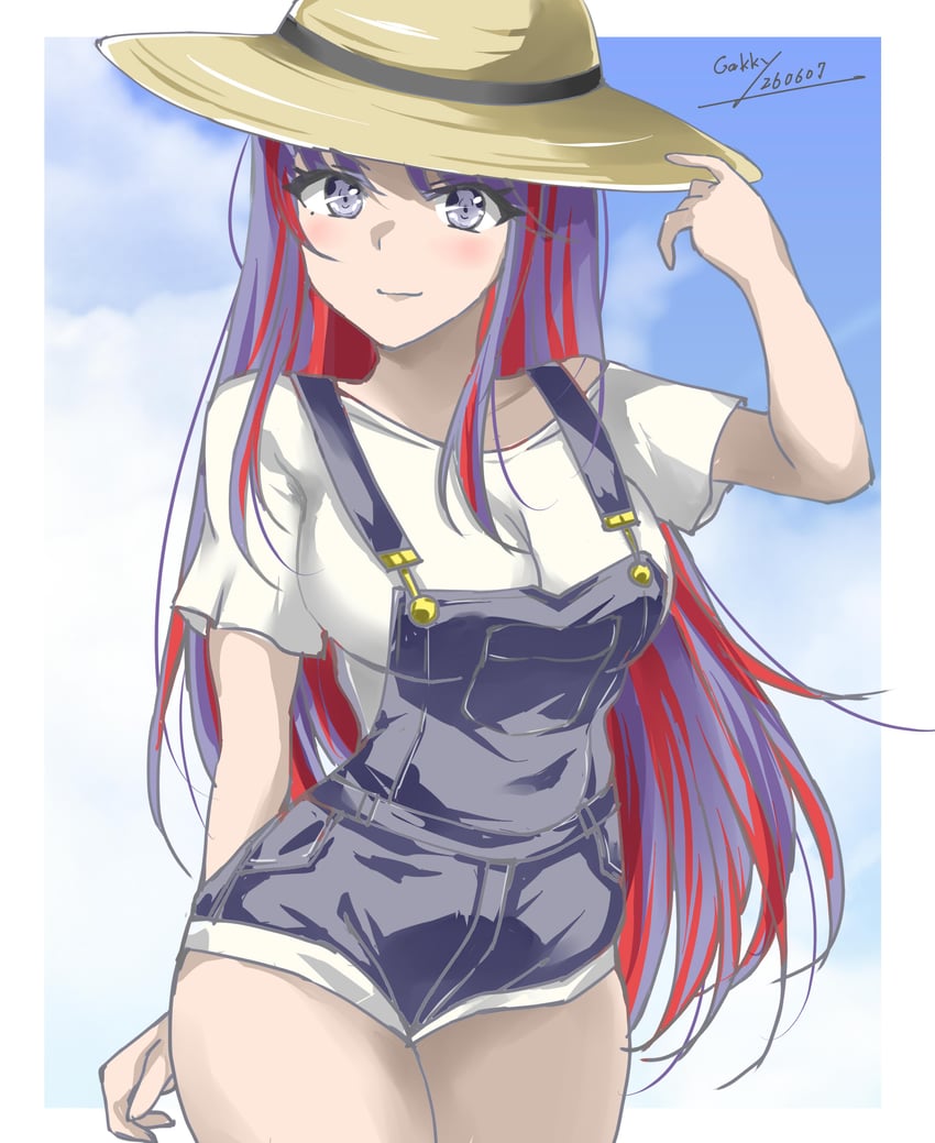 舰队Collection、南达科他（舰队收藏） 1名女孩 替换服装 蓝发 蓝色背带裤 蓝天