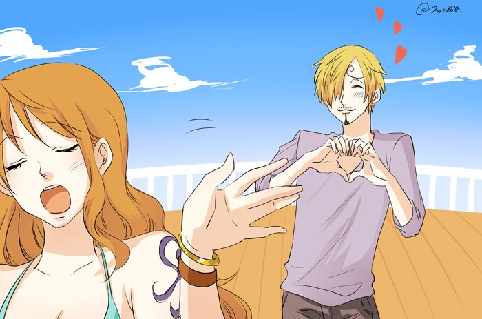 海贼王、娜美 (海贼王)、山治 (海贼王) 1名男孩 1名女孩 手臂纹身 金发 脸红