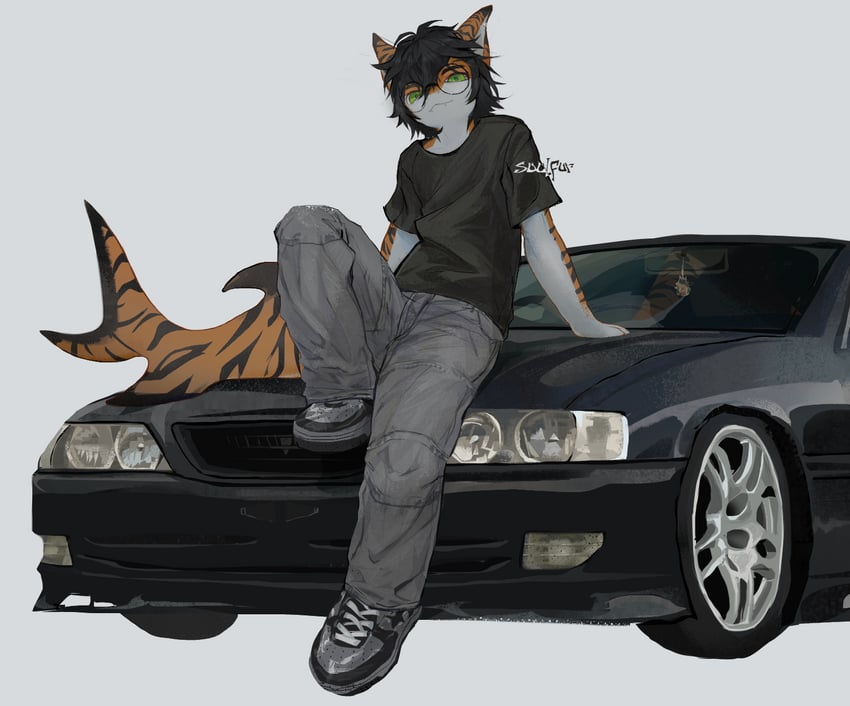 原创 1名男孩 兽耳 黑色汽车 黑发 黑鞋