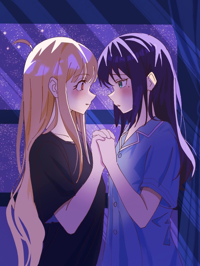 超辉夜姬!、辉夜 (超辉夜姬!)、坂寄伊吕波 2名女孩 呆毛 黑发 金发 脸红