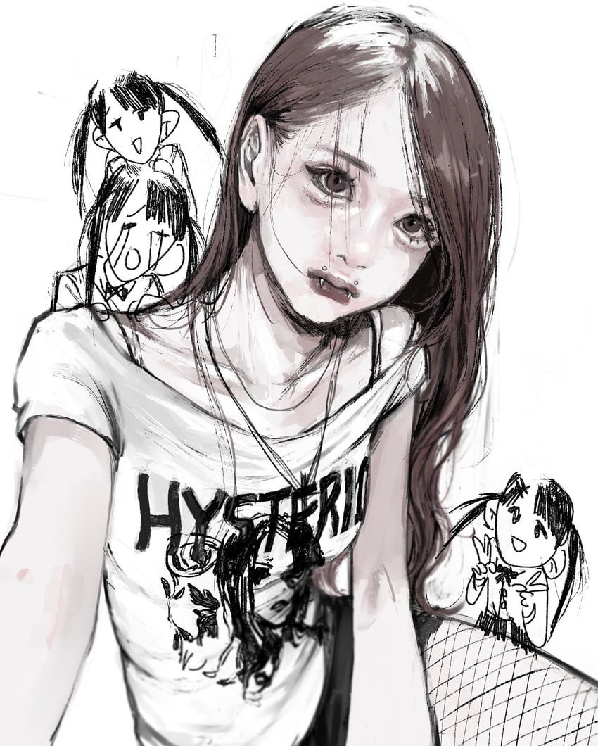 原创 1名女孩 天使咬 黑色眼线 黑色短裤 模糊