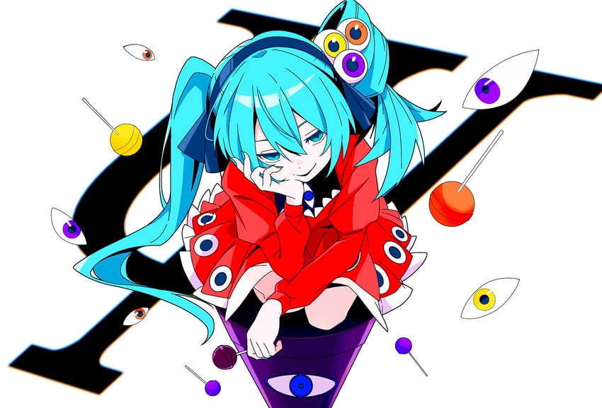 Psi (Vocaloid)、VOCALOID、初音未来 1名女孩 水色瞳 水色发 不对称发型 蓝色发带