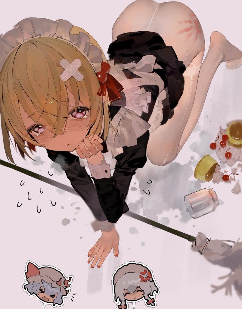 东方Project、十六夜咲夜、蕾米莉亚·斯卡蕾特 3人女子 四肢着地 青筋 围裙 创可贴