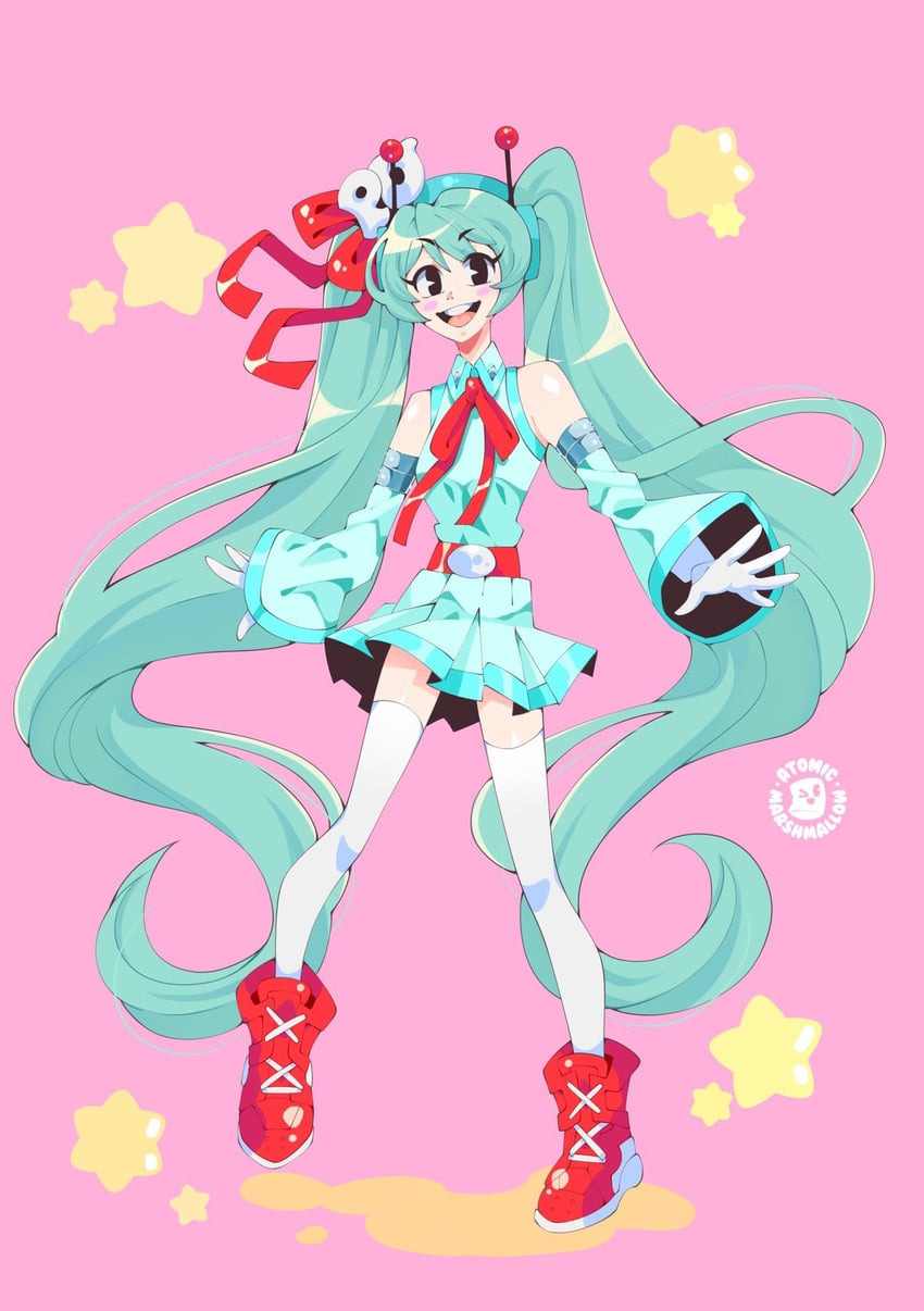 VOCALOID、初音未来 1名女孩 水色发 水蓝色裙子 脸红 腮红贴纸