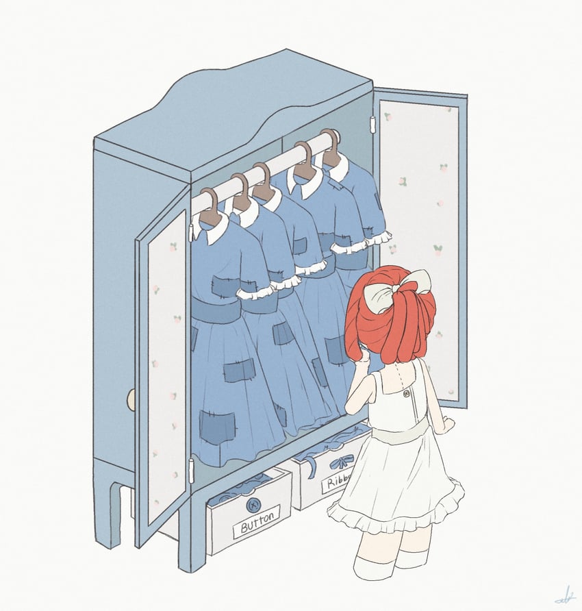 神奇数字马戏团、拉加莎 (神奇数字马戏团) 1名女孩 蓝色连衣裙 蝴蝶结 盒子 纽扣