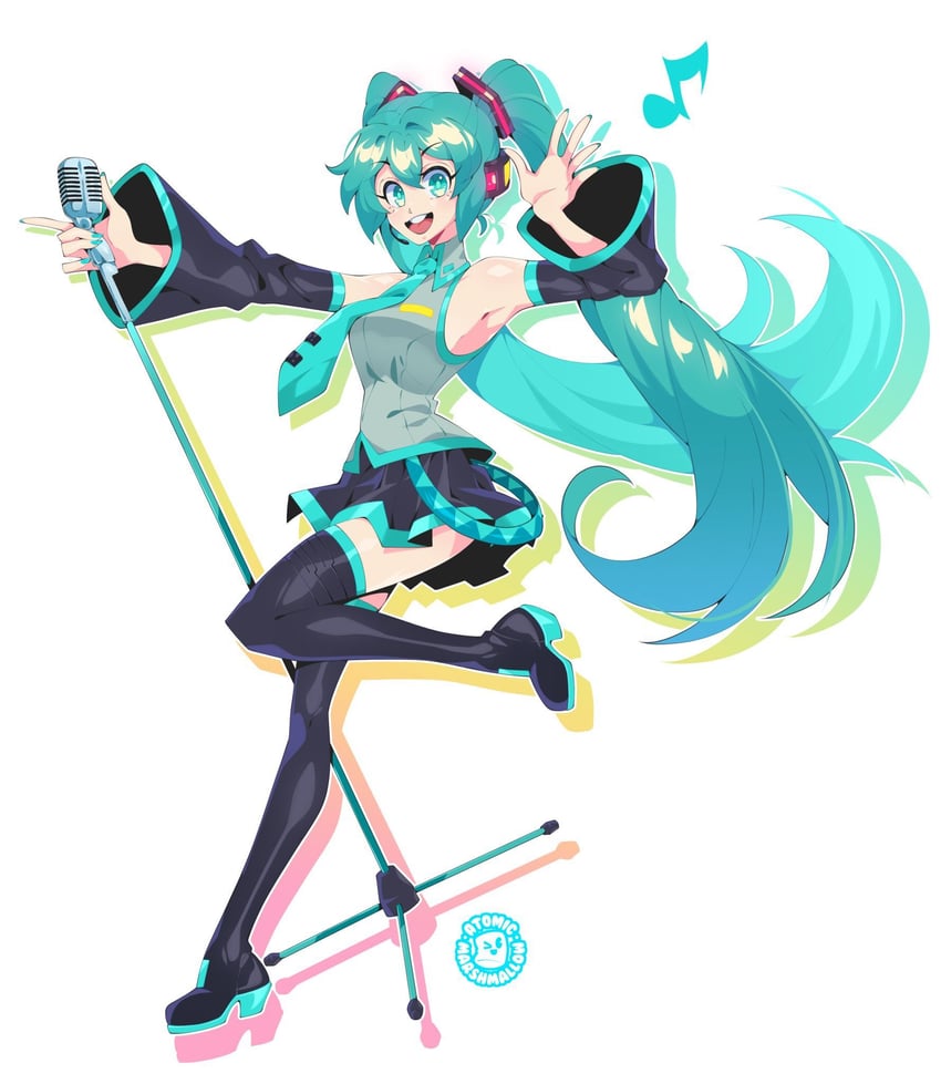 VOCALOID、初音未来 1名女孩 水色瞳 水色发 水蓝色领带 靴子