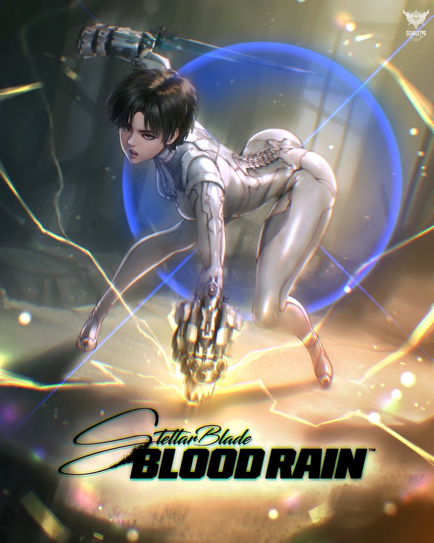 星刃、stellar blade: blood rain、evie (stellar blade) 1名女孩 作者标志 屁股 弯腰 紧身连体衣